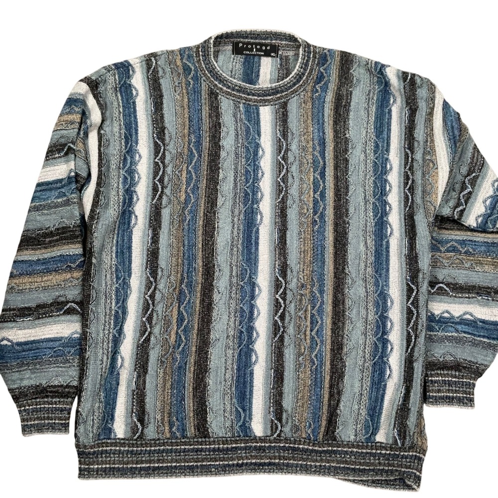 Protege Sweater Mens XL Blue 3D Texture Knit Stripe Coogi Style Coastal VTG